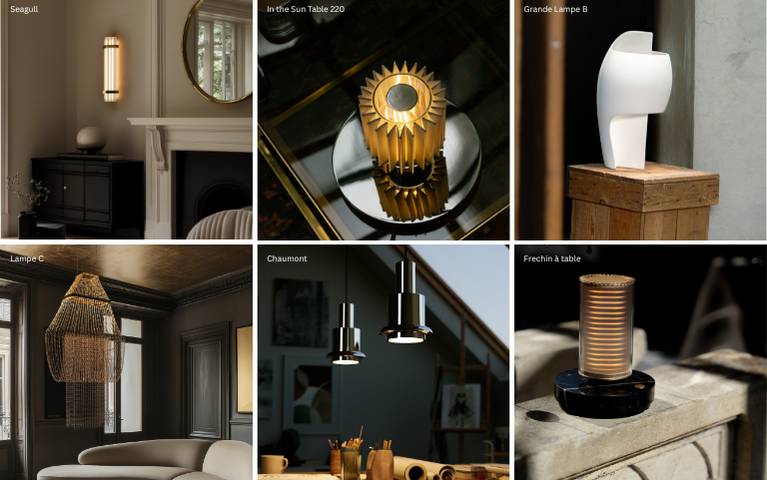 Koláž se šesti obrázky nových svítidel od DCW Éditions. Nahoře vlevo: nástěnné svítidlo Seagull v elegantním obývacím pokoji. Nahoře uprostřed: zlatá stolní lampa In the Sun Table 220 na skleněném povrchu. Vpravo nahoře: socha Grande Lampe B na dřevěném podstavci. Vlevo dole: Lampa C s pleteným textilním stínidlem v tmavém interiéru. Dole uprostřed: dva černé přívěsky Chaumont ve studiu. Vpravo dole: stolní přenosná lampa Frechin à s rýhovanými boky na černém podstavci.