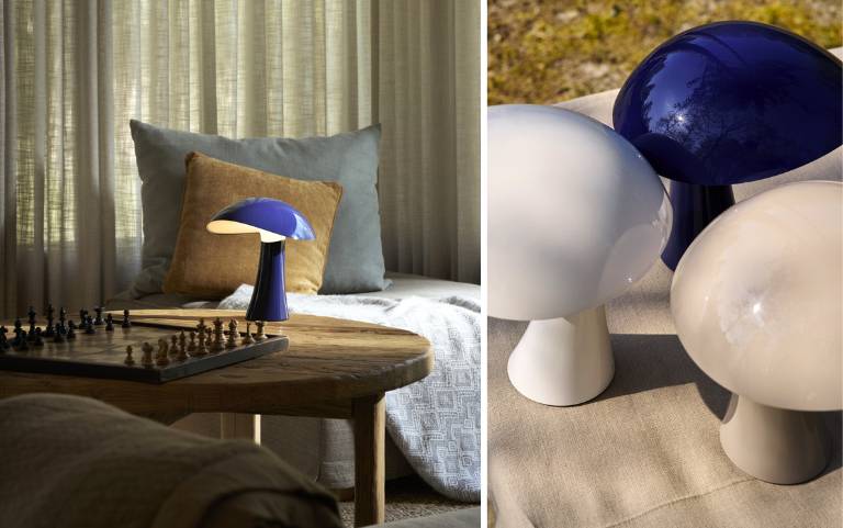 Two-piece image of the portable Rumee lamp from Louis Poulsen. On the left, the dark blue Rumee sits on a wooden table in a cozy living room with cushions and a chess set. To the right are three Rumee lamps in Night Blue, white and beige arranged outdoors on a carpet, with sunlight gently reflecting on the glossy, organic shades.
