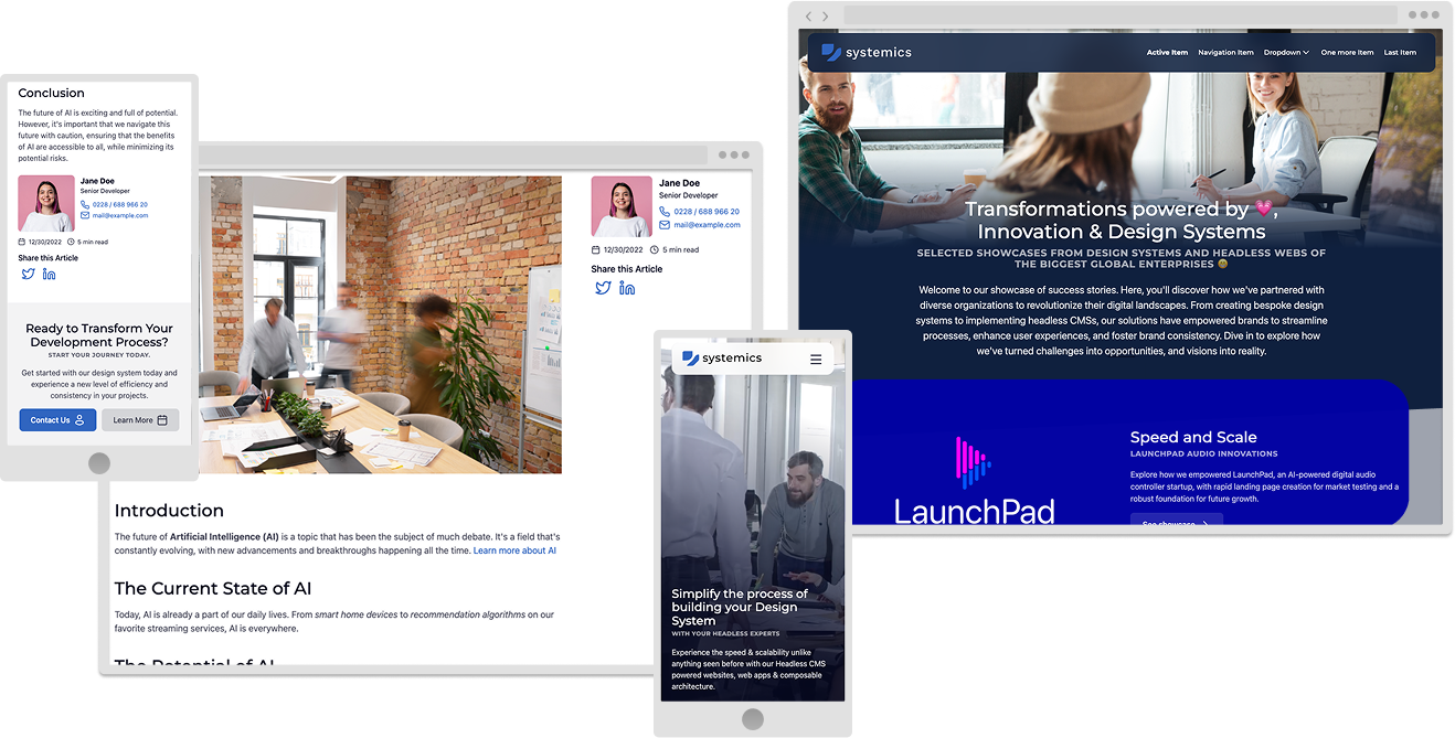 Komposition verschiedener Anwendungsfälle & Layouts die mit dem Baukasten einfach möglich sind - z.B. Event-Seiten, Suchergebnisse oder Blogs- und News-Seiten