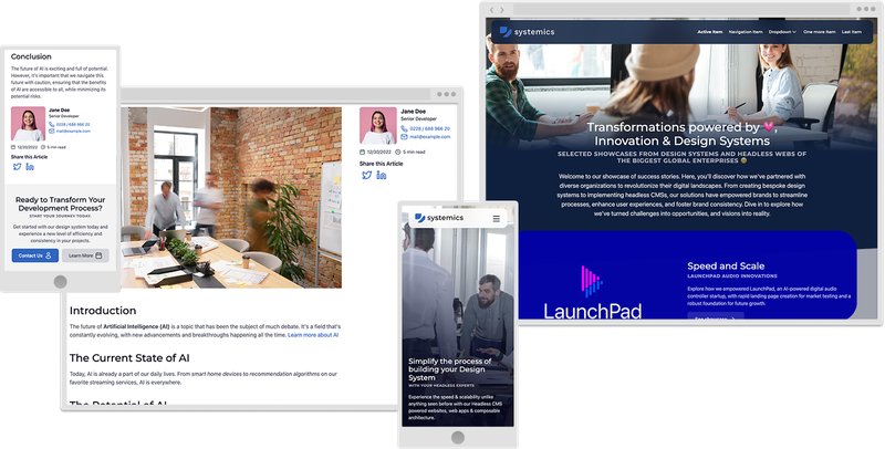 Komposition verschiedener Anwendungsfälle & Layouts die mit dem Baukasten einfach möglich sind - z.B. Event-Seiten, Suchergebnisse oder Blogs- und News-Seiten