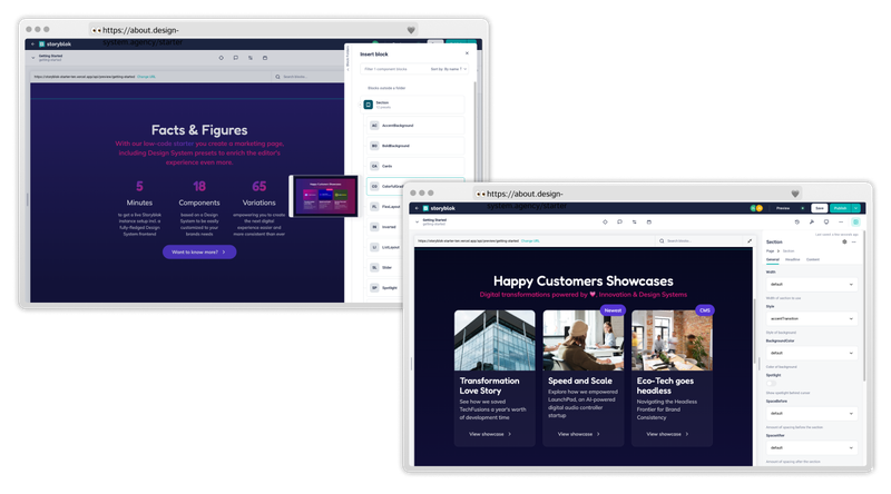 Grafik von zwei Screenshots aus der Storyblok Editor UI