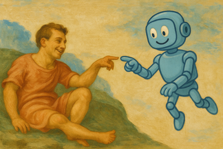 Ein Mensch und ein lächelnder, blauer Roboter schweben einander zu und berühren sich fast mit den Fingerspitzen – inspiriert von Michelangelos „Erschaffung Adams“. Das Bild symbolisiert die Verbindung zwischen menschlicher Kreativität und künstlicher Intelligenz.