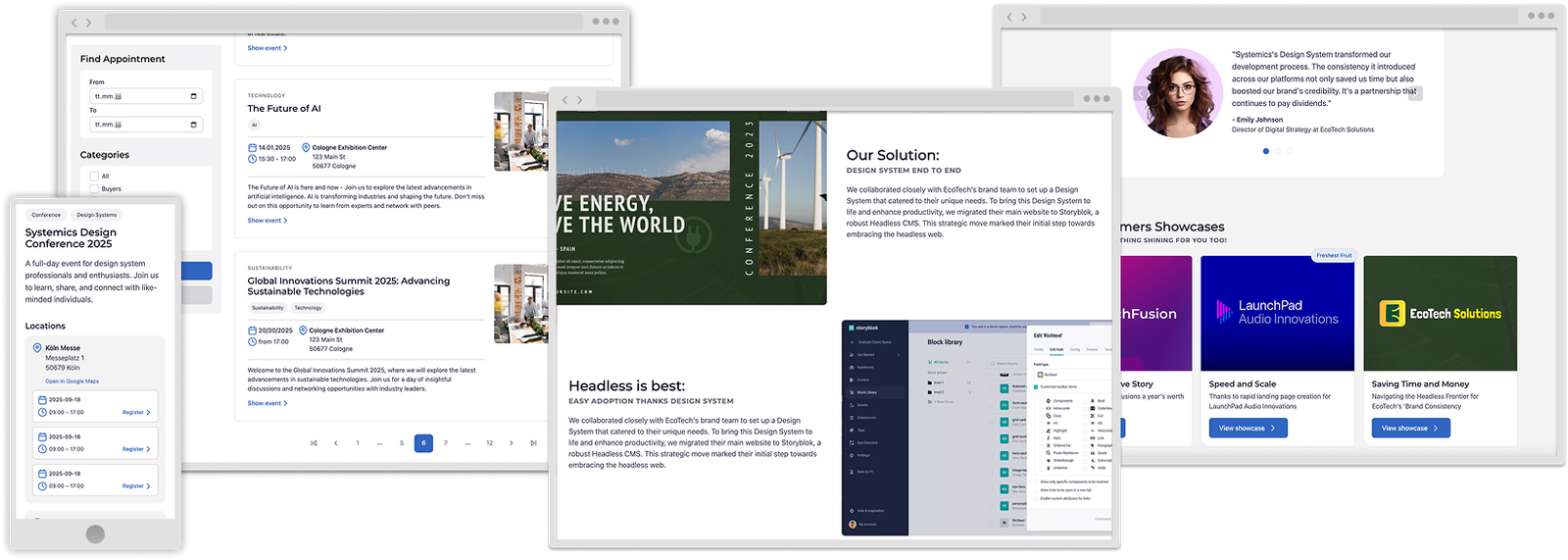 Komposition verschiedener Anwendungsfälle & Layouts die mit dem Baukasten einfach möglich sind - z.B. Event-Seiten, Suchergebnisse oder Blogs- und News-Seiten