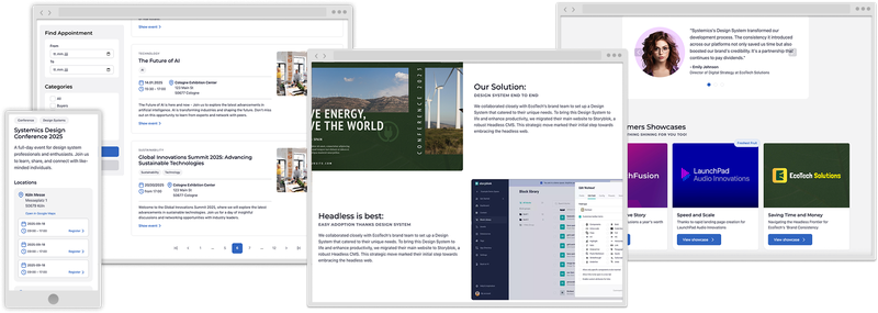 Komposition verschiedener Anwendungsfälle & Layouts die mit dem Baukasten einfach möglich sind - z.B. Event-Seiten, Suchergebnisse oder Blogs- und News-Seiten