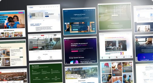 Komposition verschiedener Screenshots aus Projekten mit diversen Anwendungsfällen & Layouts, die mit dem Baukasten einfach möglich sind - z.B. Event-Seiten, Suchergebnisse oder Blogs- und News-Seiten