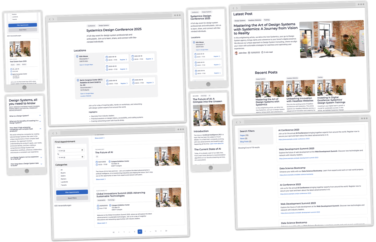 Komposition verschiedener Anwendungsfälle & Layouts die mit dem Baukasten einfach möglich sind - z.B. Event-Seiten, Suchergebnisse oder Blogs- und News-Seiten