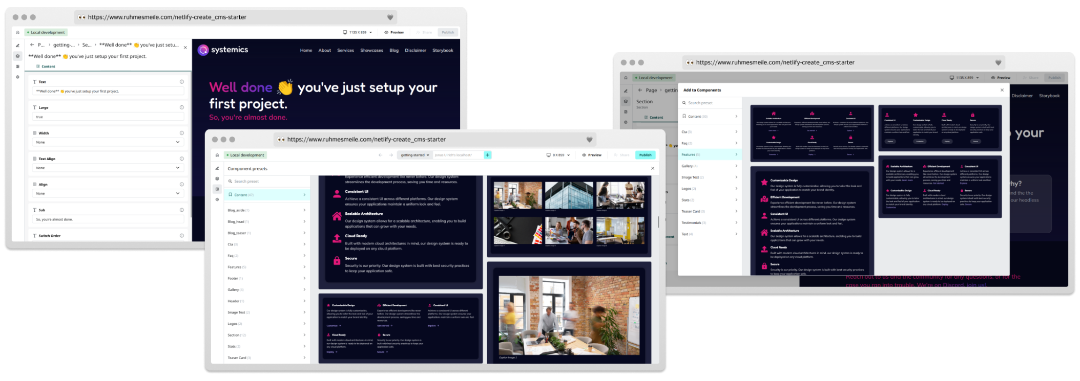 Netlify Create mit den kickstartDS Design System Presets auf Section und Komponenten-Ebene