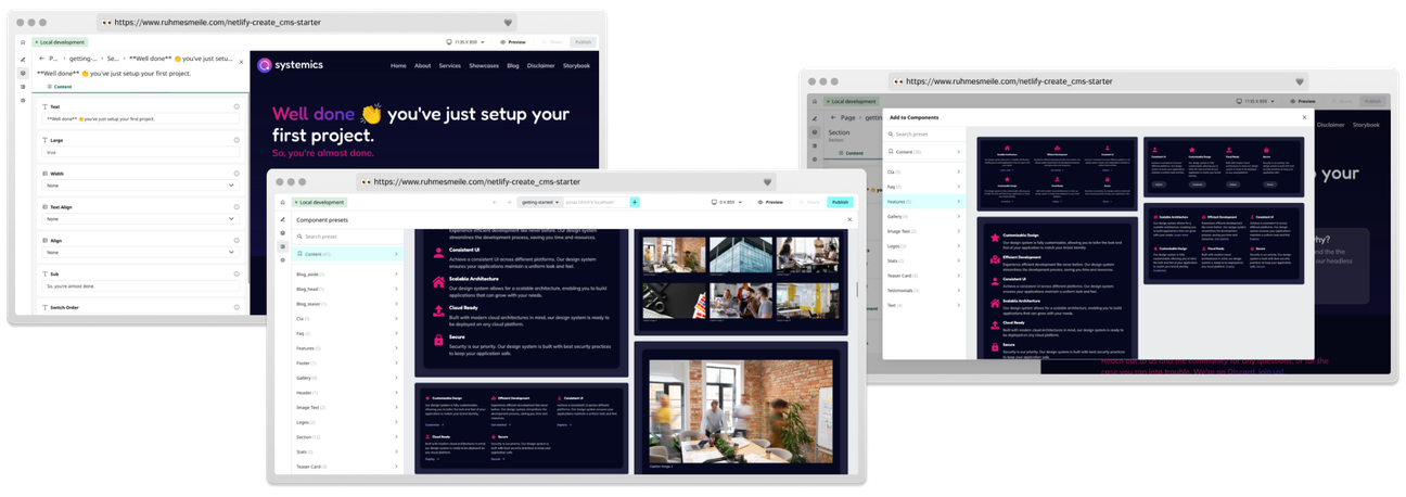 Drei Screenshots, die den visual Editor von Netlify Create zeigen