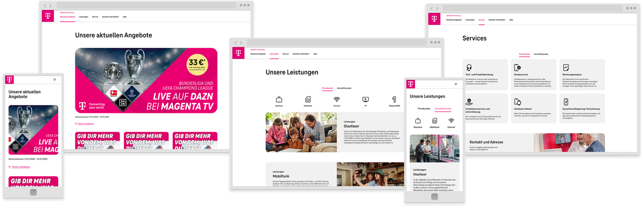Sammlung von Screenshots einer fertigen Exklusivpartner-Webseite, die mit dem Baukasten erstellt wurde