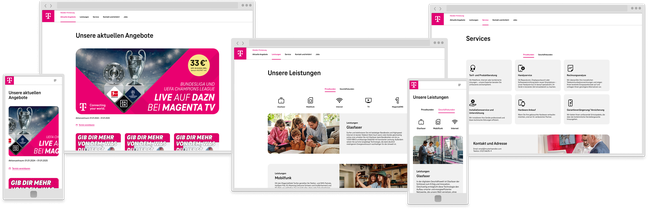 Sammlung von Screenshots einer fertigen Exklusivpartner-Webseite, die mit dem Baukasten erstellt wurde