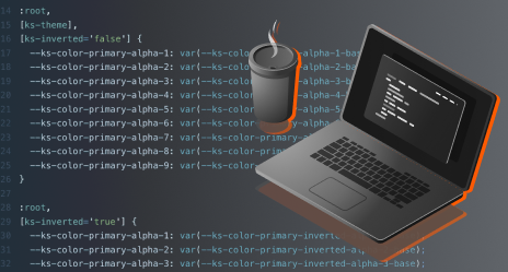 Grafik, die gezeichnetes Notebook und eine Becher Kaffee oder Tee visualisiert. Im Hintergrund Quellcode von Design Tokens