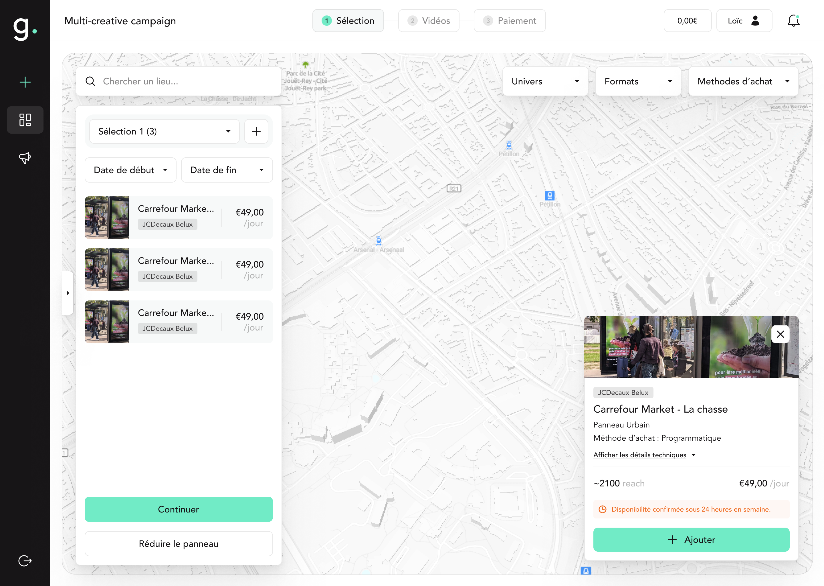 Glooh application on the panel selection screen for a DOOH campaign