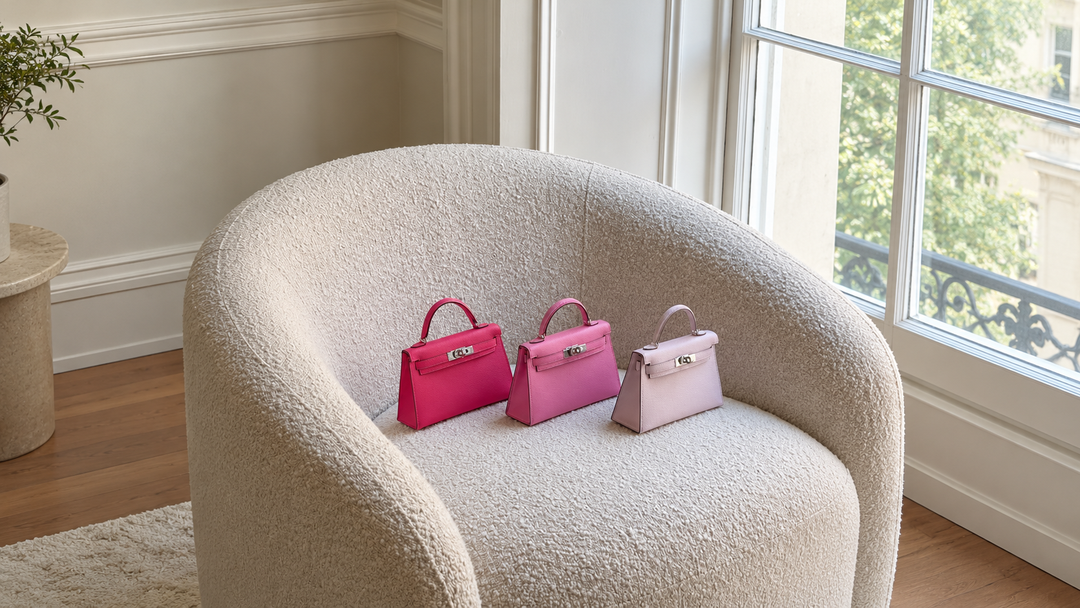 Three pink handbags on a textured beige chair by a large window with a view of greenery outside.