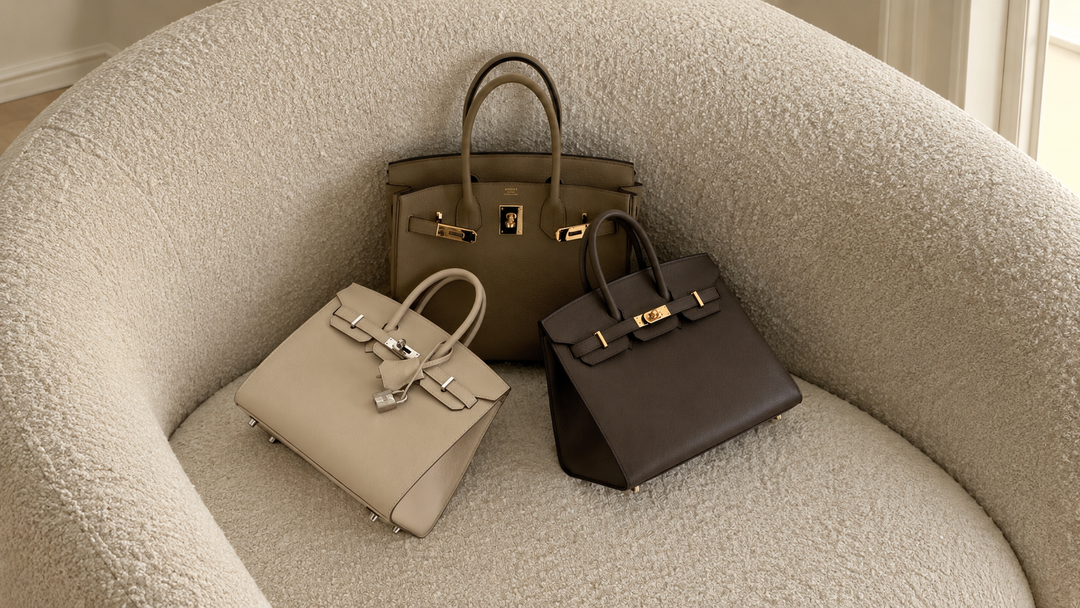 Three luxury handbags in brown, beige, and taupe are elegantly arranged on a soft, textured cream chair.
