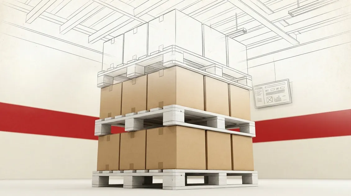 Stacked cardboard boxes on pallets, blending into a sketched warehouse interior with wooden beams and a red horizontal stripe on the wall.