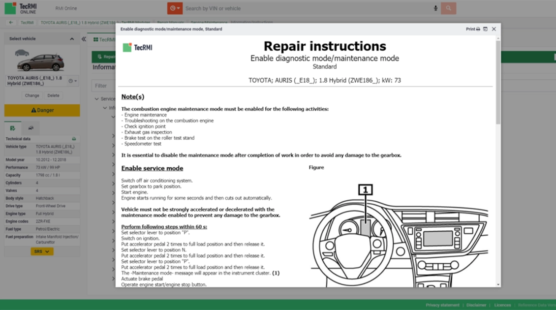 TecRMI screenshot showing diagnostic and maintenance mode instructions for hybrid vehicles