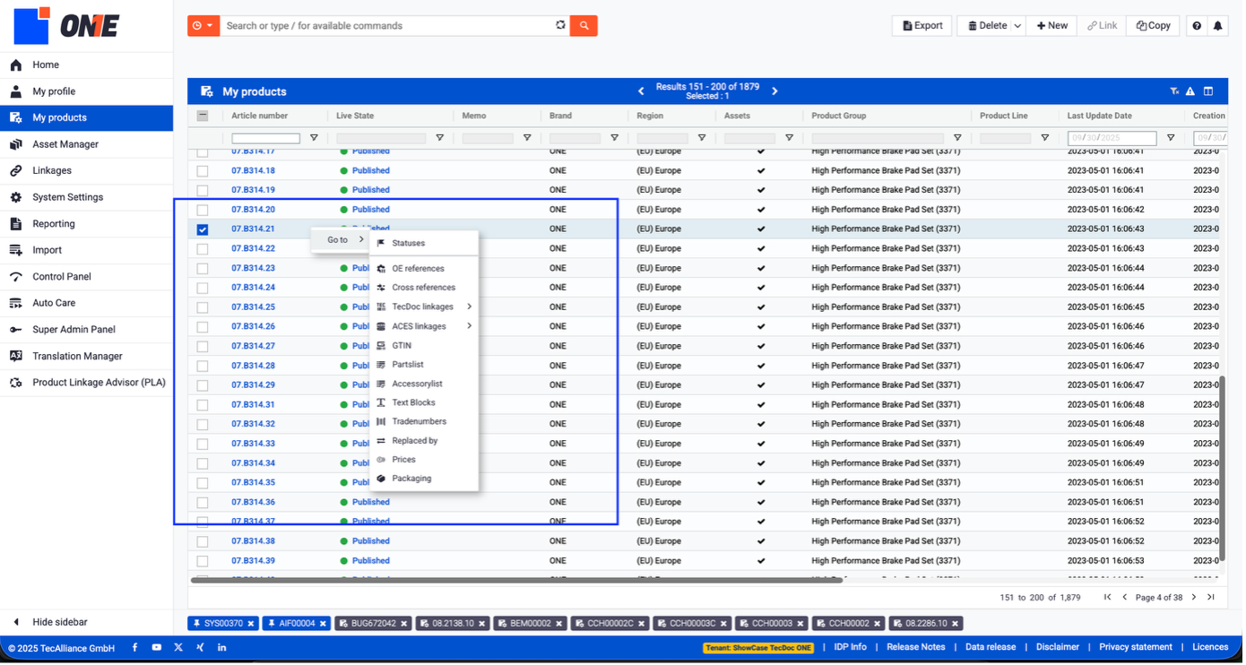 TecDoc ONE dashboard showing product data management interface