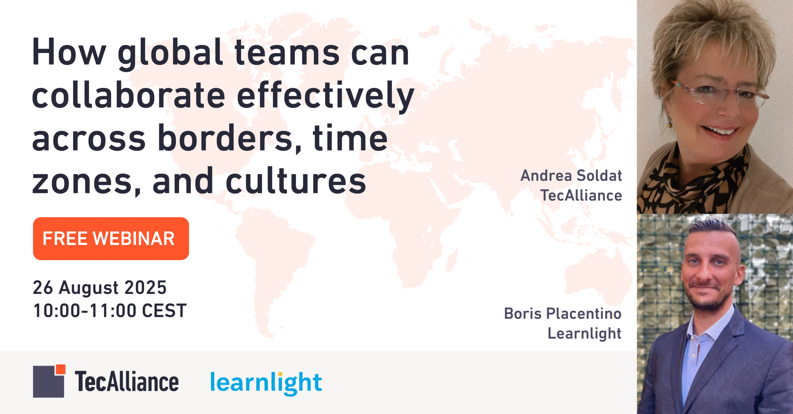Webinar banner: How global teams can collaborate across borders, with Andrea Soldat and Boris Placentino