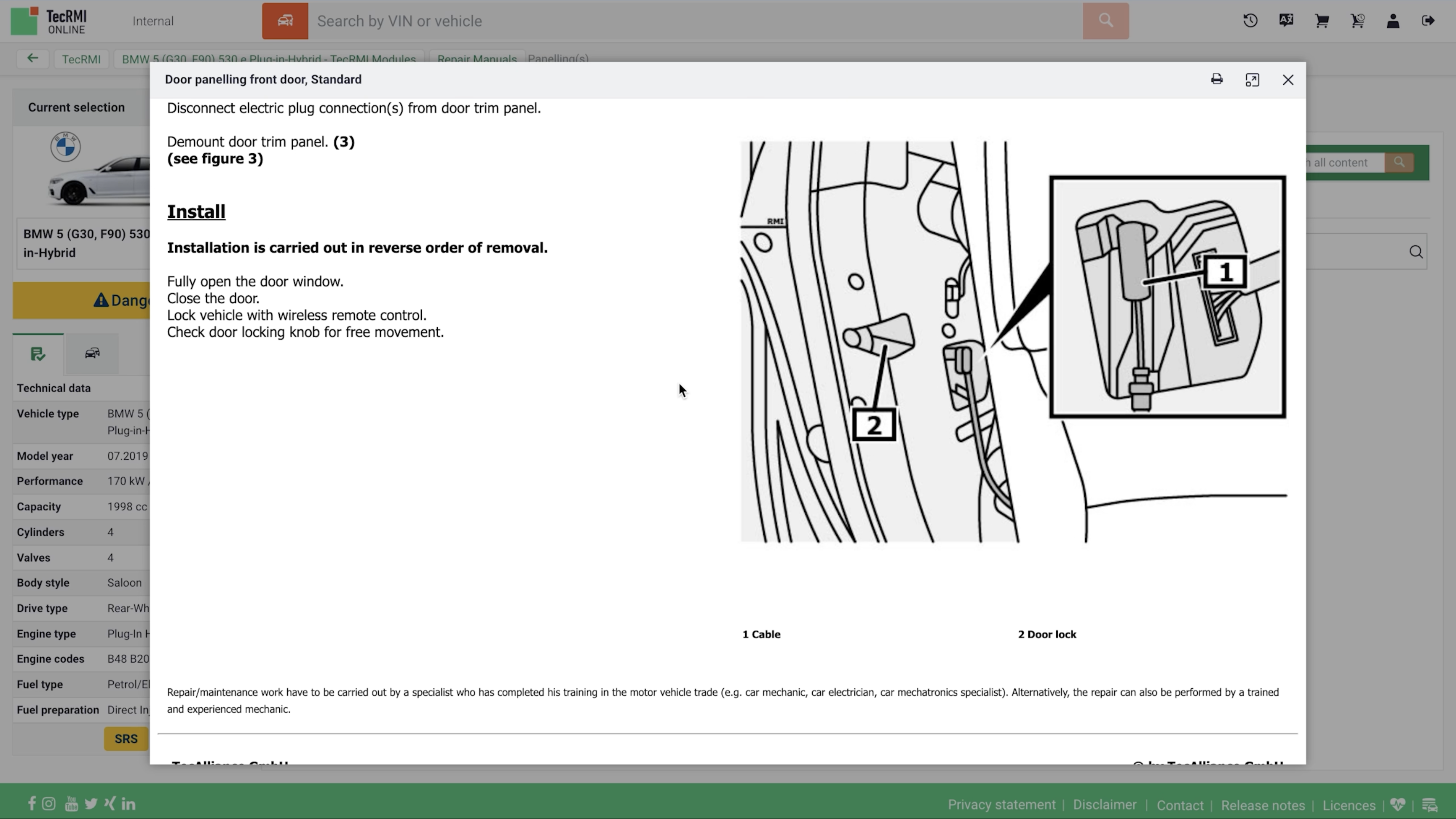 TecRMI screenshot showing step-by-step door panel repair instructions