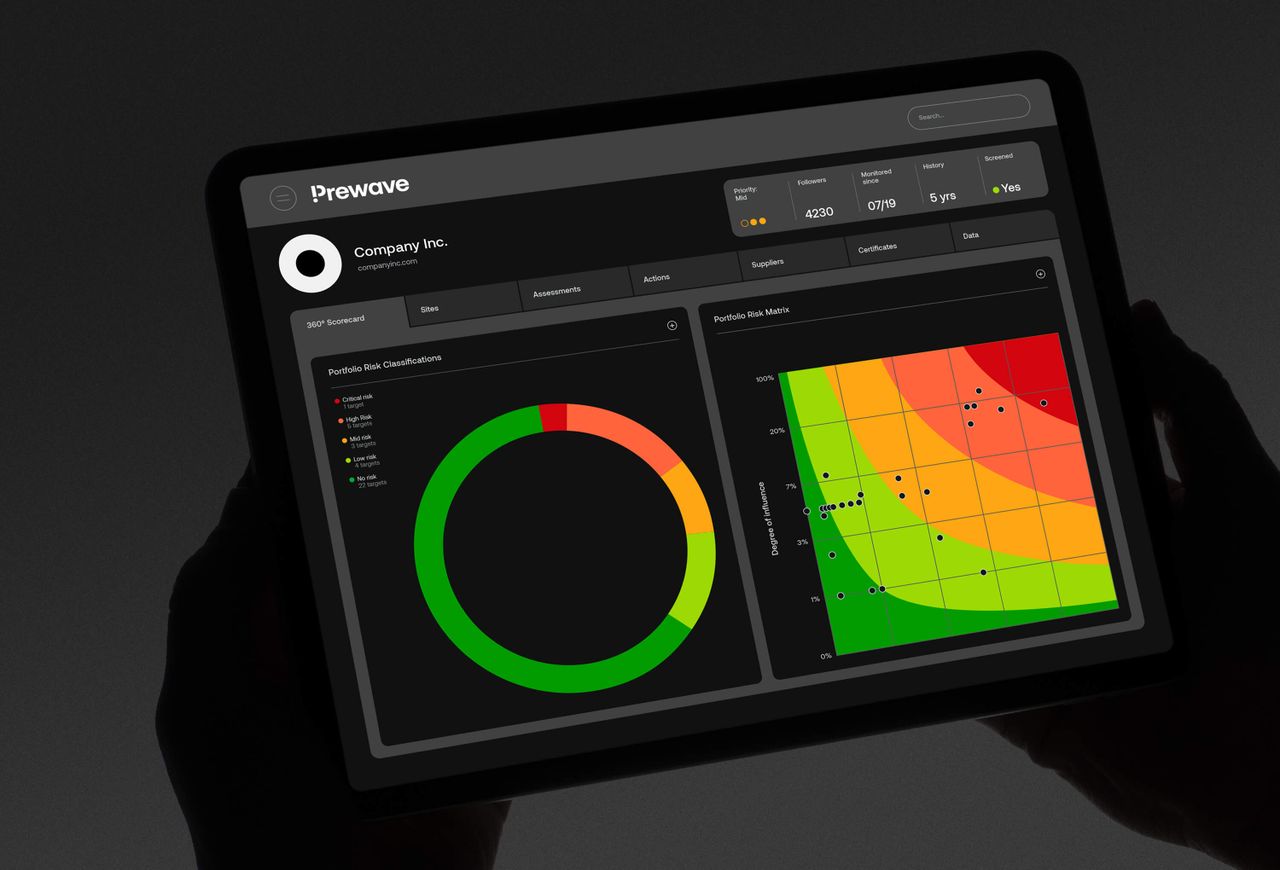Hand holding a tablet displaying Prewave’s AI-powered supply chain intelligence platform, featuring a real-time risk analysis dashboard with predictive analytics.