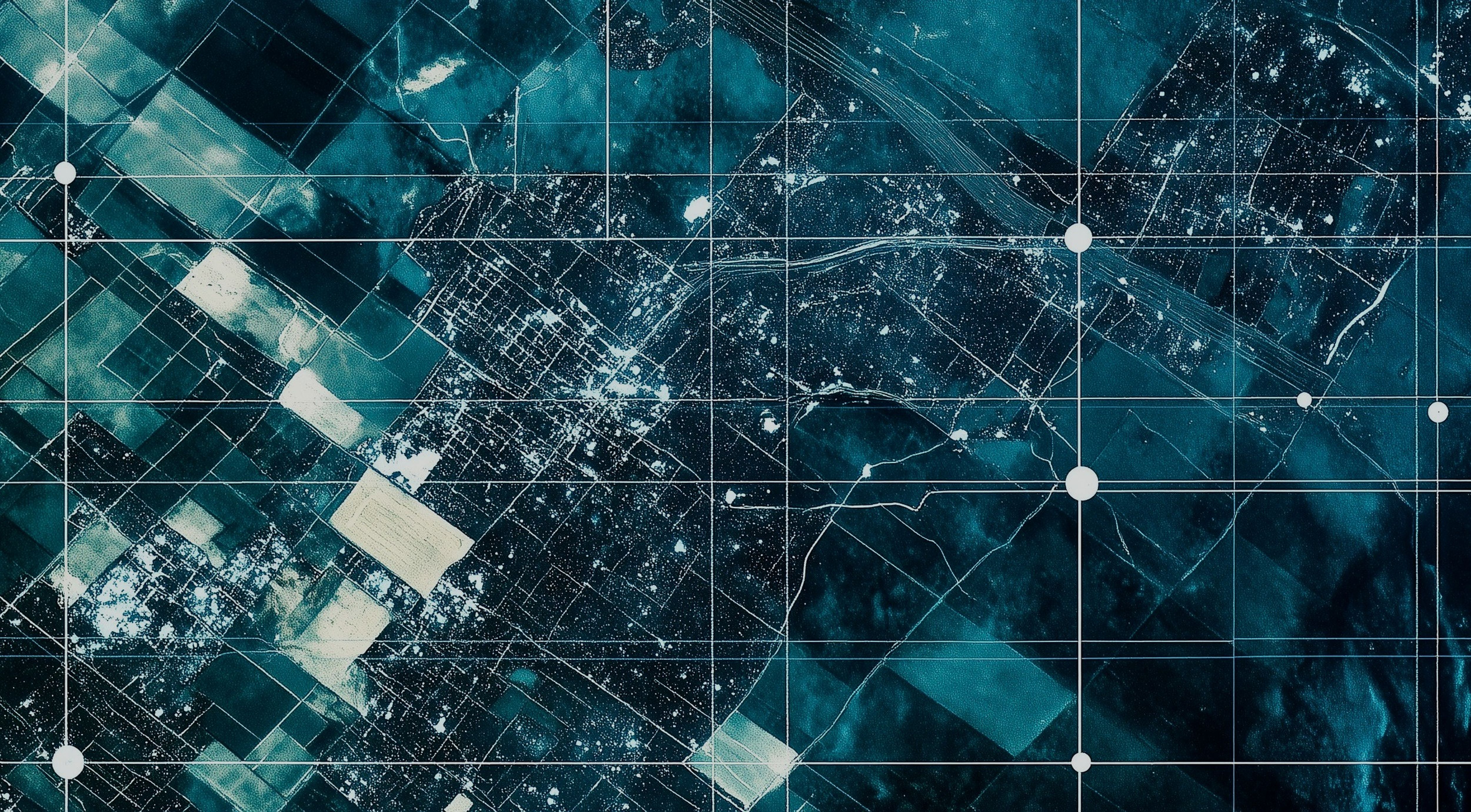 Satellite view of a supply chain network with data overlays, representing AI-powered situation reports for real-time risk assessment and monitoring.