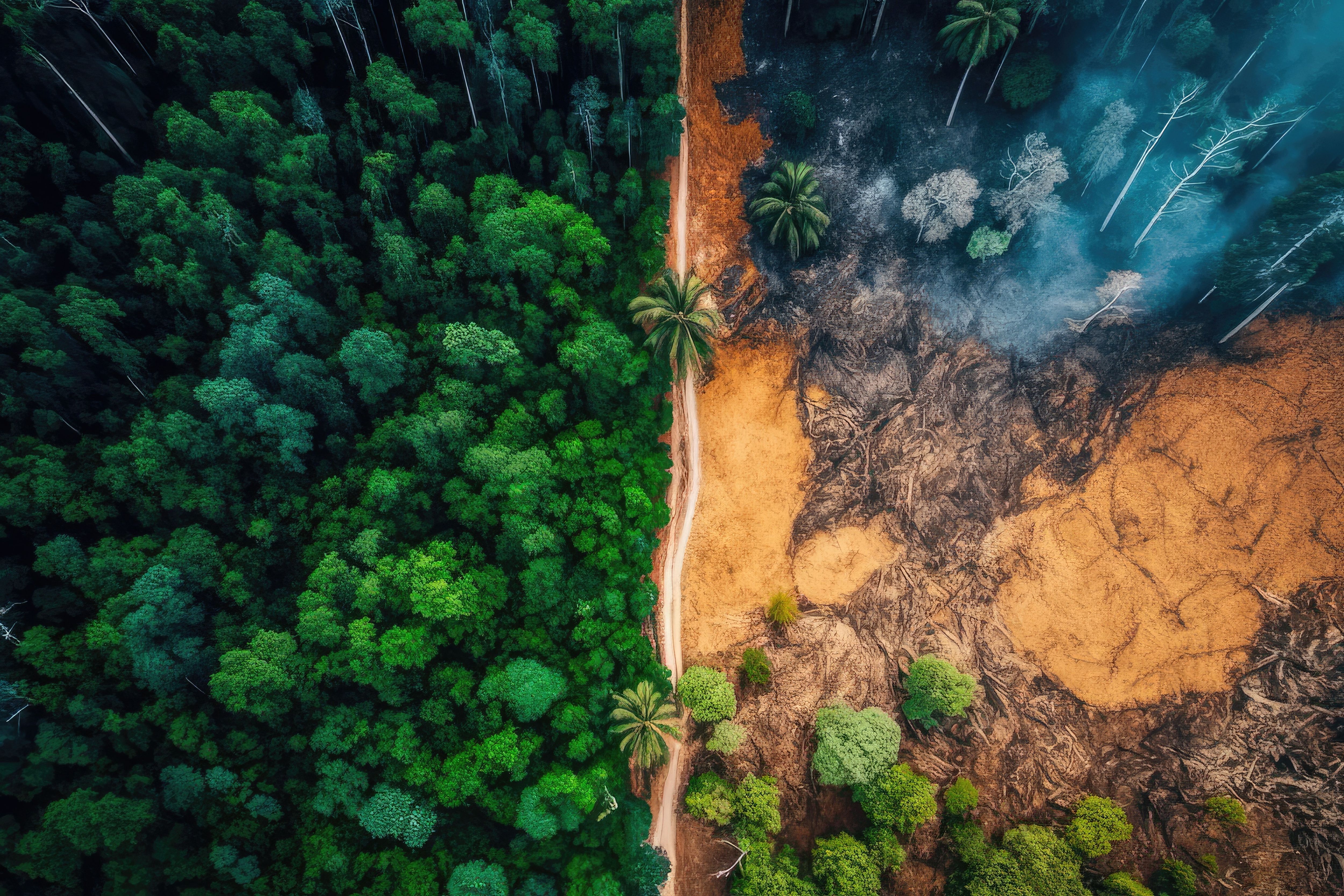 EUDR compliance solution by Prewave, featuring an image of deforestation contrast—lush forest vs. cleared land—symbolizing supply chain sustainability challenges.