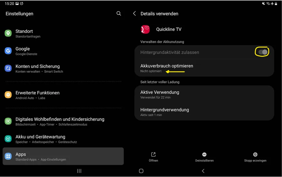 Energie-Einstellungen Quickline TV-App auf Smartphone