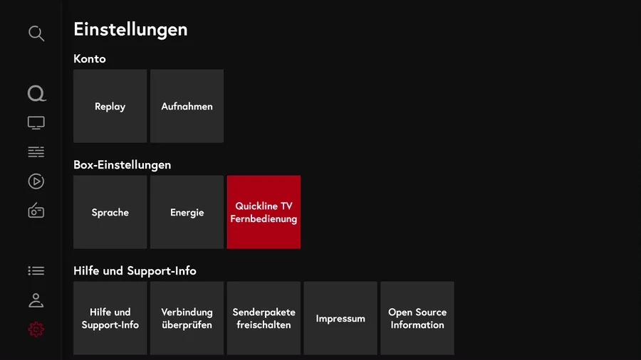 Quickline TV-Box: Fernbedienung in den Einstellungen