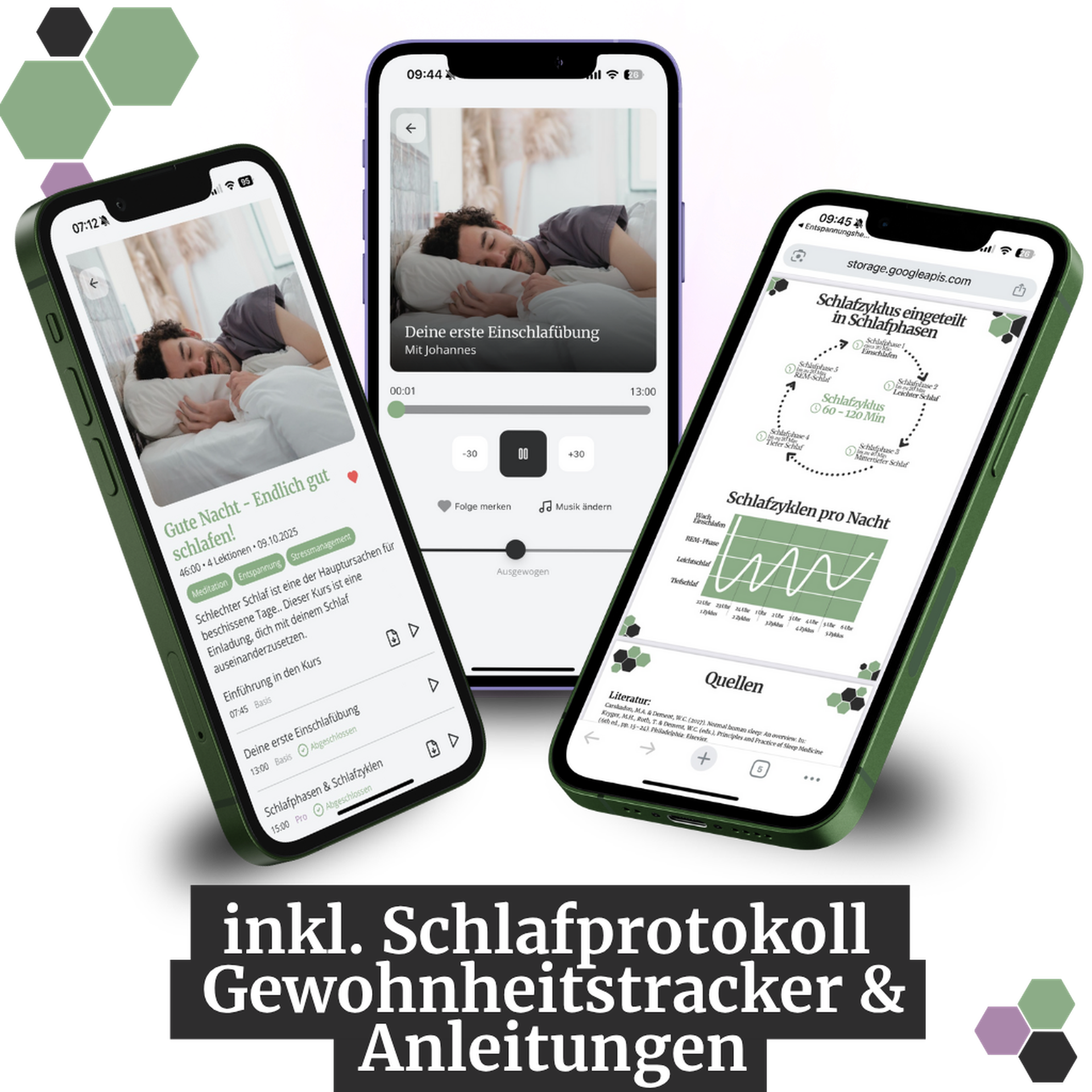 Three smartphones display a sleep tracking app with graphs, sleep tips, and habit tracking features. German text overlays the image.