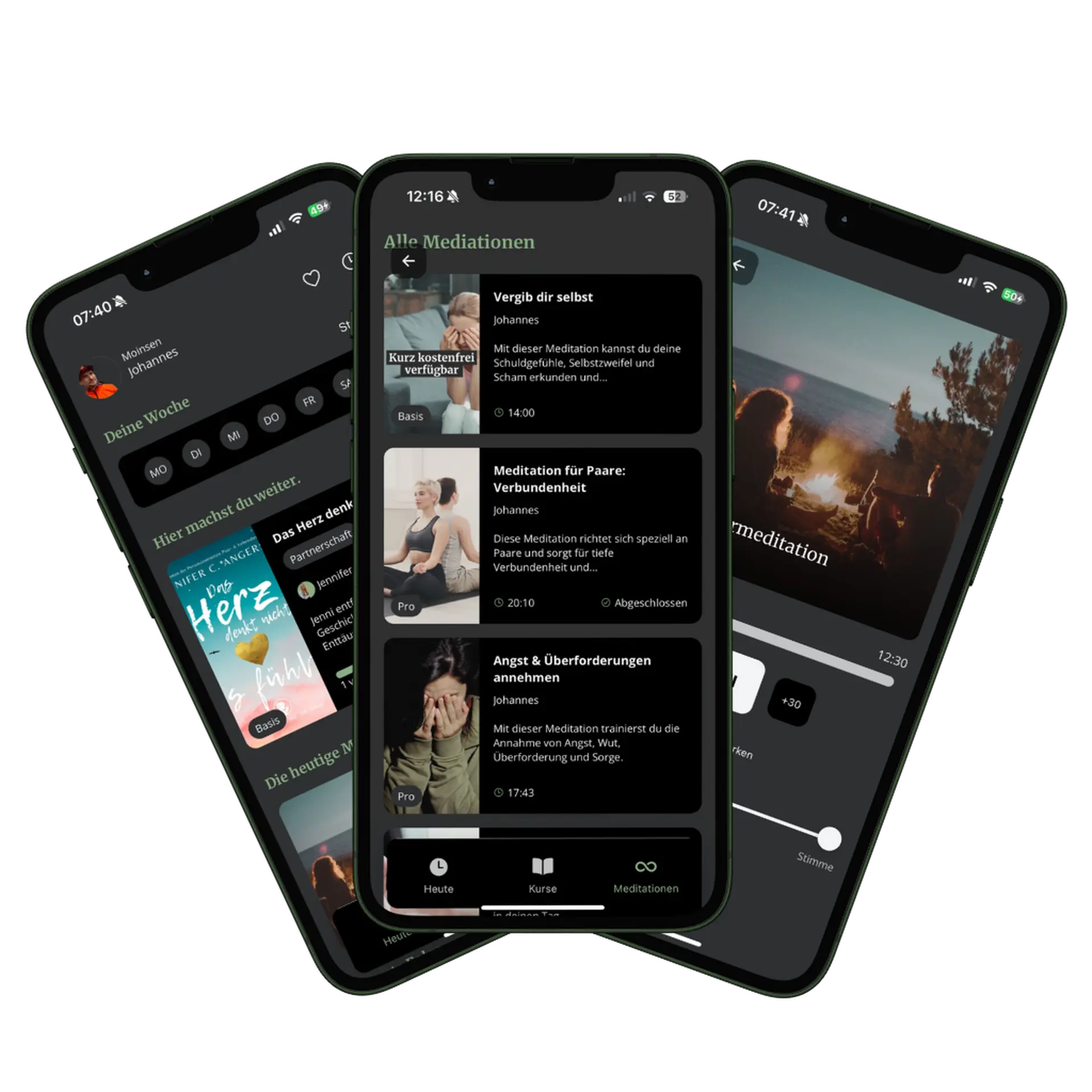 Entspannungshelden App Screenshots zeigen Mediationen für Selbstmitgefühl, Paare und Angstbewältigung