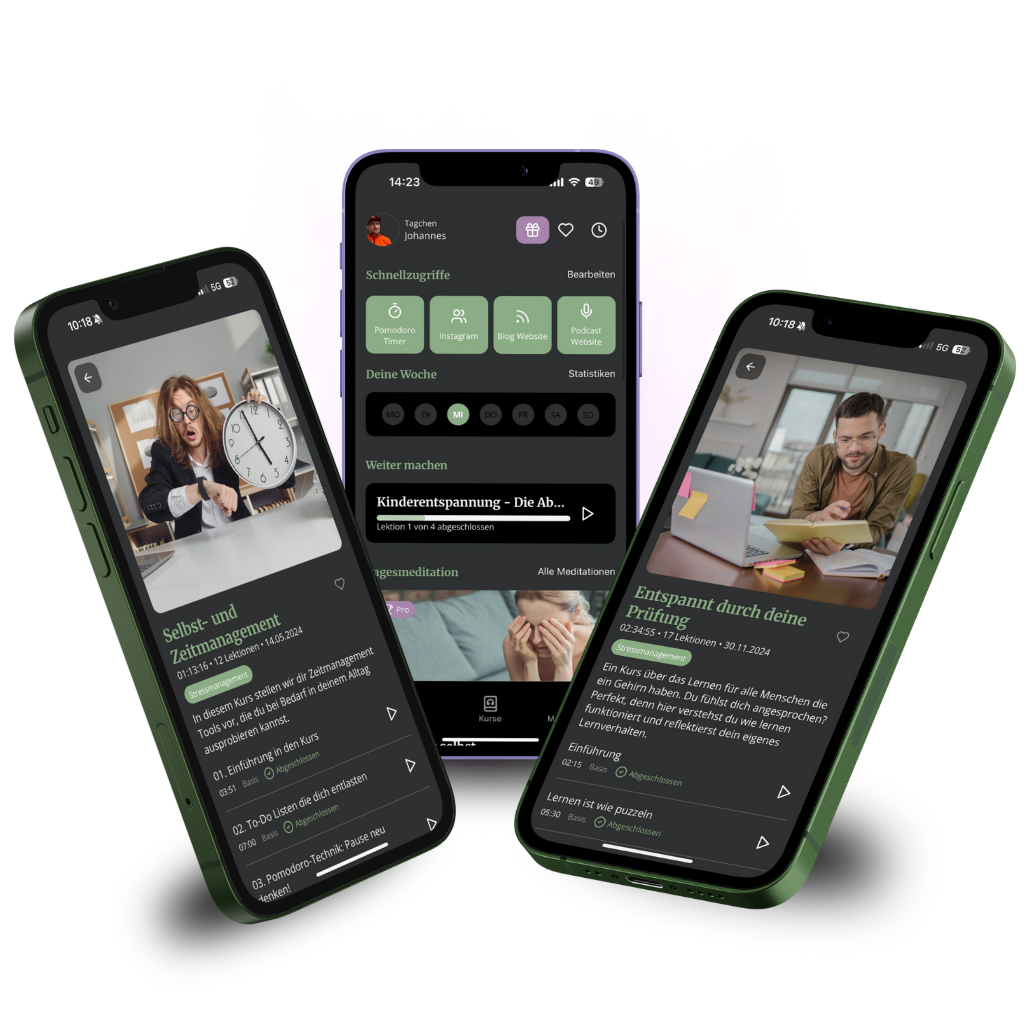 Index Entspannungshelden App Entspannung, Autogenes Training, Muskelentspannung Three smartphones display a productivity and relaxation app with various features, including a meditation guide, planner, and task list.