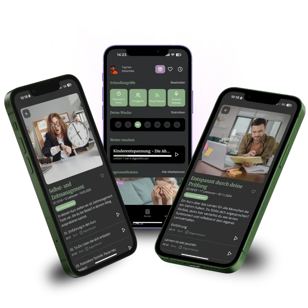 Three smartphones display a productivity and relaxation app with various features, including a meditation guide, planner, and task list.