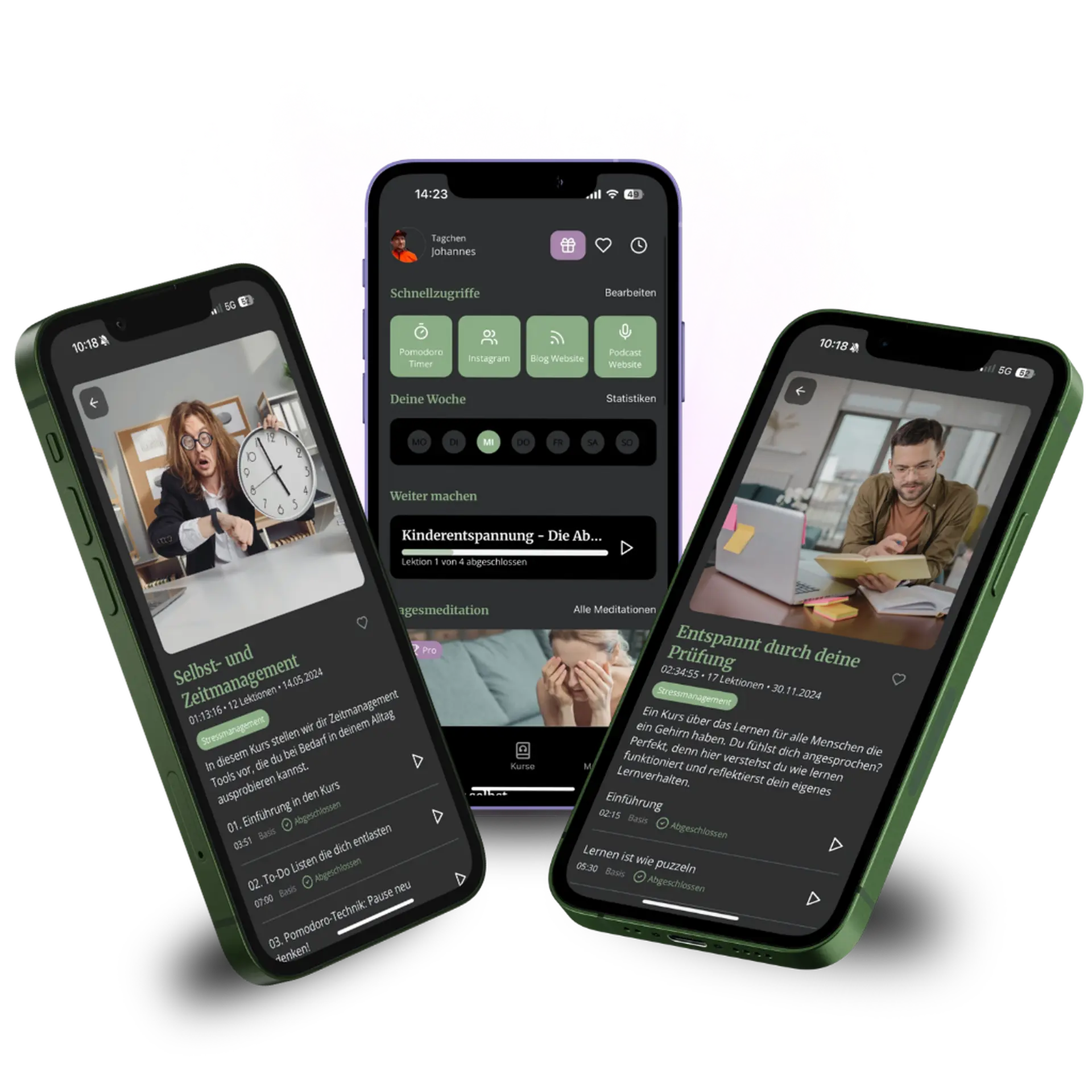 Three smartphones display a productivity and relaxation app with various features, including a meditation guide, planner, and task list.
