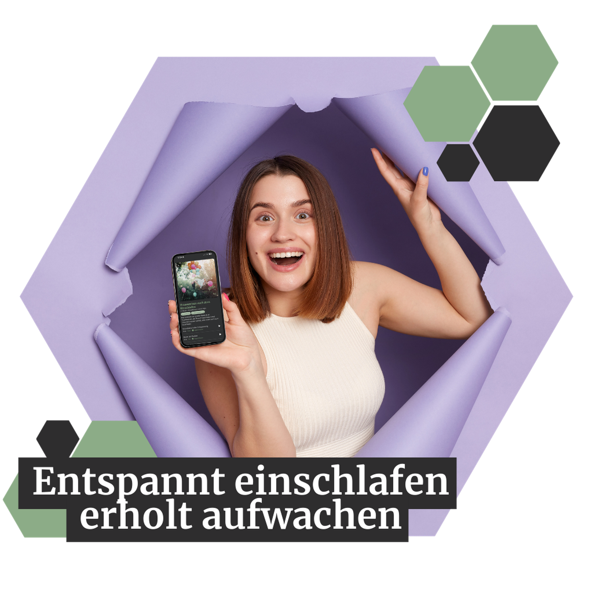 Smiling woman holding a smartphone, emerging through torn purple paper. German text reads: "Entspannt einschlafen, erholt aufwachen."