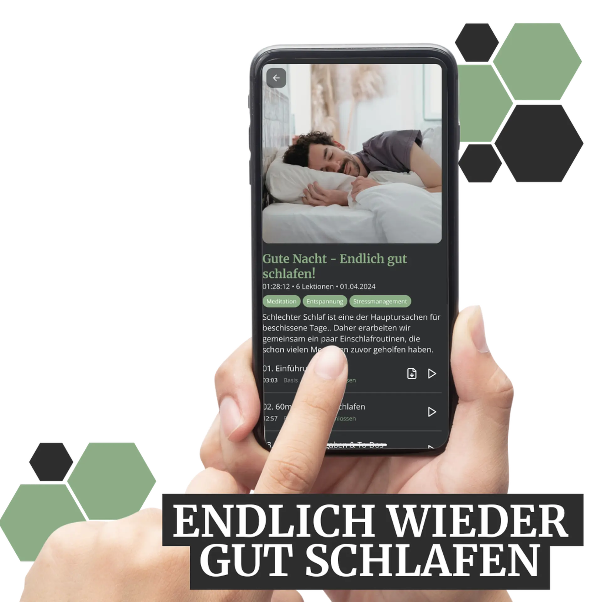 Person with sleeping problems holding a smartphone displaying a sleep-related app with a man sleeping peacefully. German text overlay: "Endlich wieder gut schlafen."
