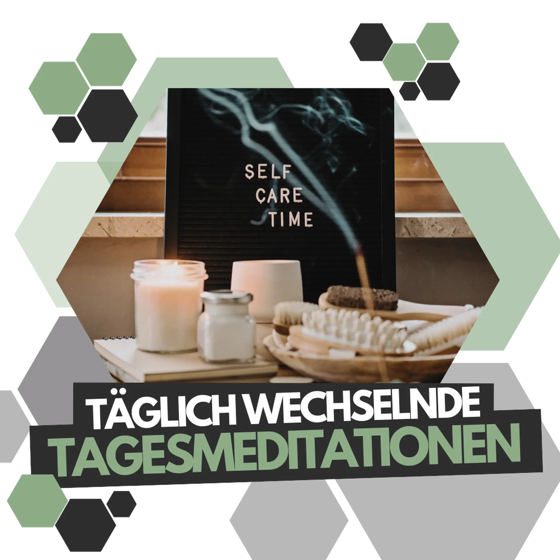 Darstellung von Tagessmeditationen, die die Bedeutung von Selbstfürsorge und innerer Balance betonen.