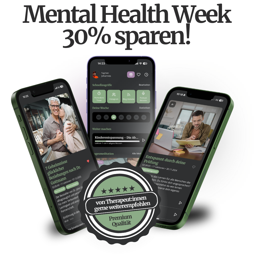 Mentale Gesundheit mit der Entspannungshelden App Promotional image for Mental Health Week featuring three smartphone screens with wellness app interfaces and a quality seal. Text: "30% sparen!"