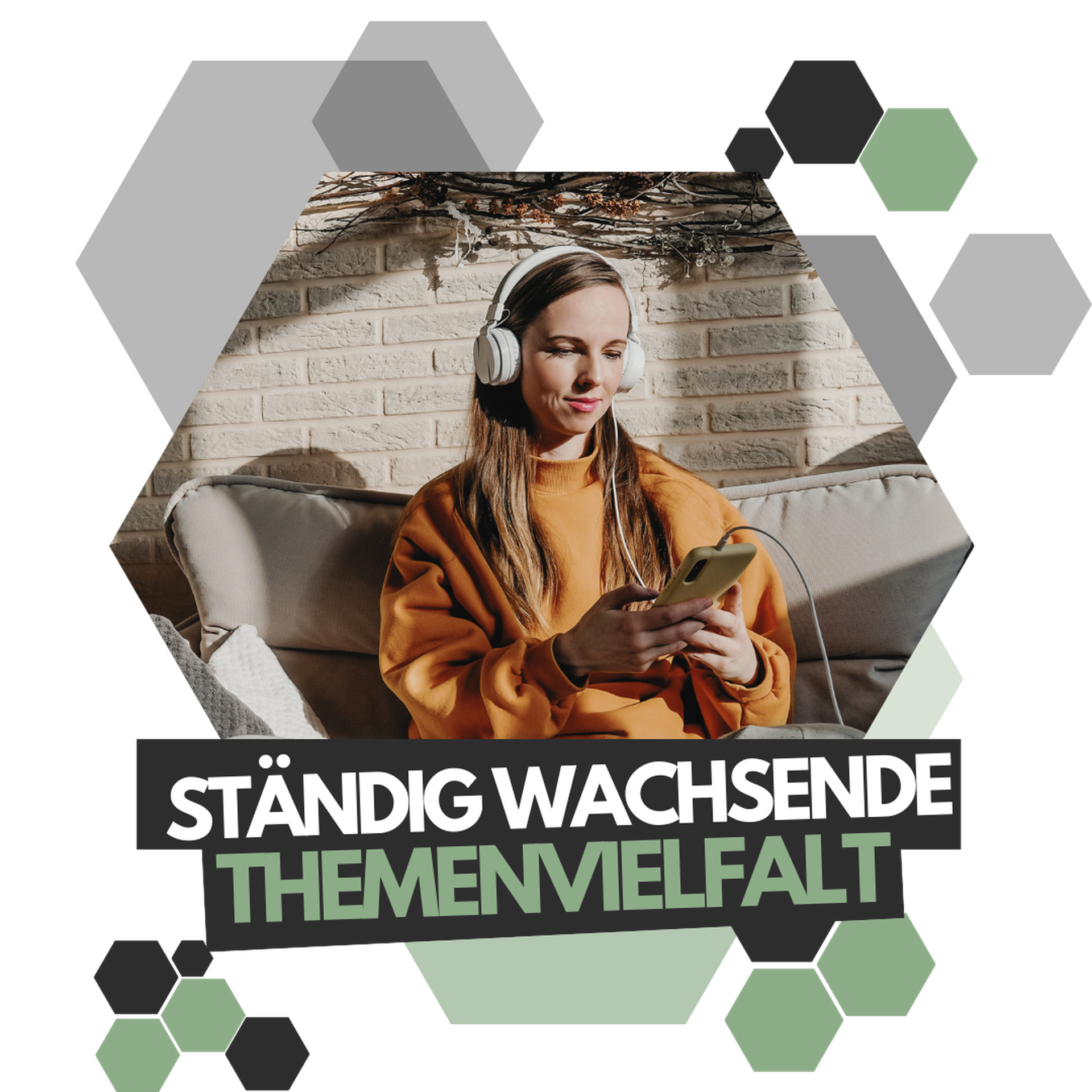 Eine Frau mit Handy in der Hand hört über Kopfhörer eine Entspannungsübung