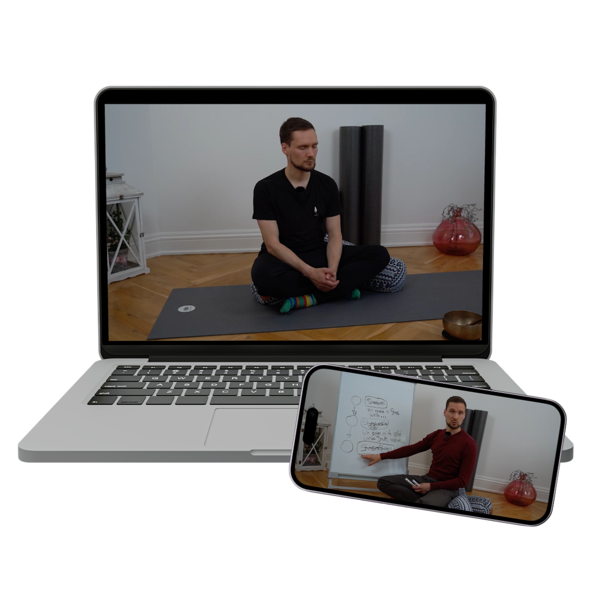 Man sitting cross-legged on a yoga mat displayed on a laptop screen; smartphone shows him pointing at a whiteboard. Text in German above and below.
