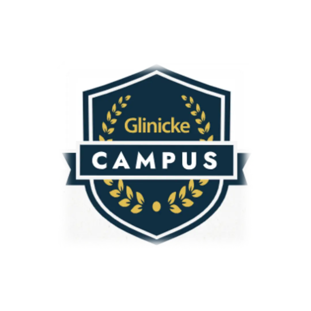 A navy blue badge with gold laurel wreath accents, displaying "Glinicke" above and "Campus" across the center on a ribbon.
