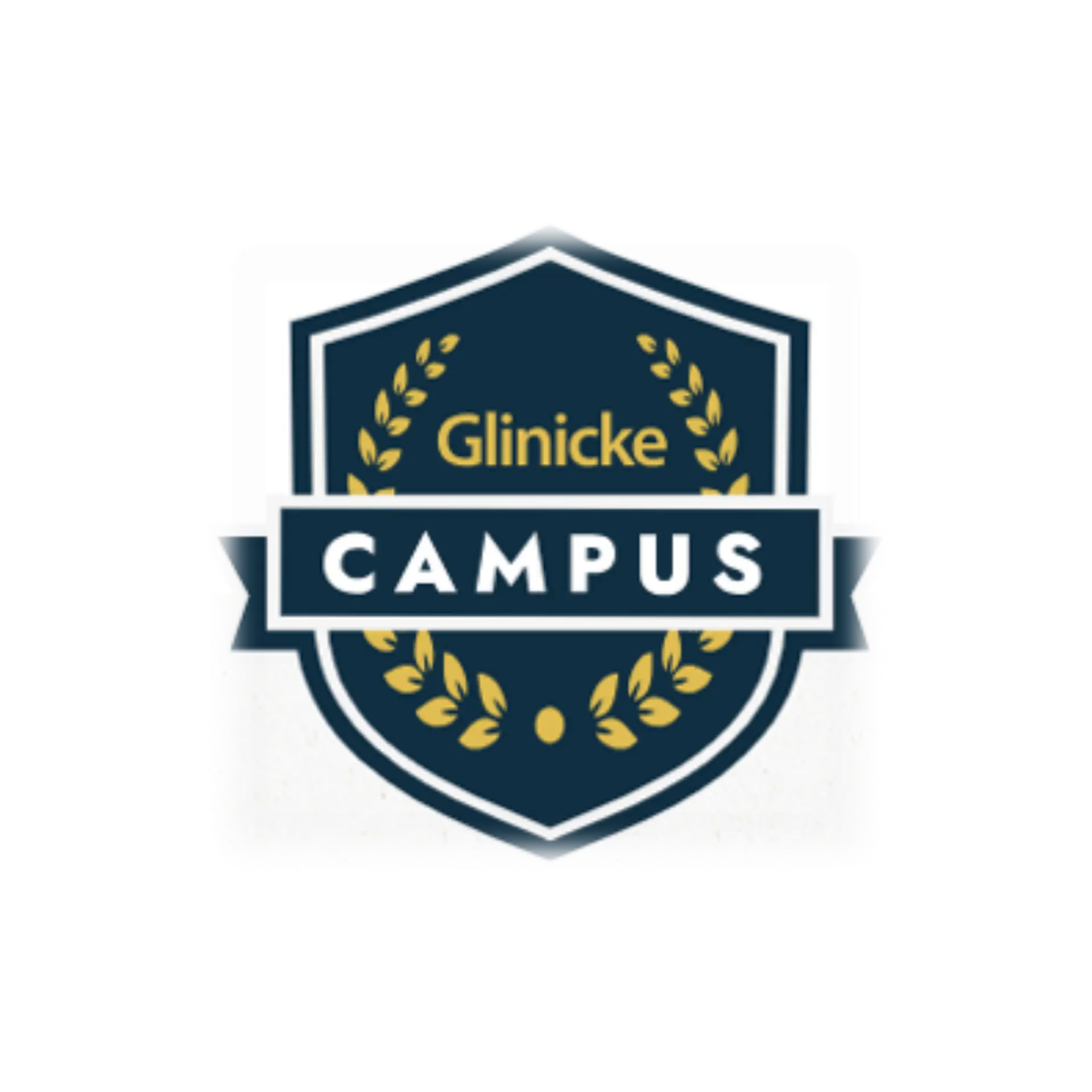 A navy blue badge with gold laurel wreath accents, displaying "Glinicke" above and "Campus" across the center on a ribbon.