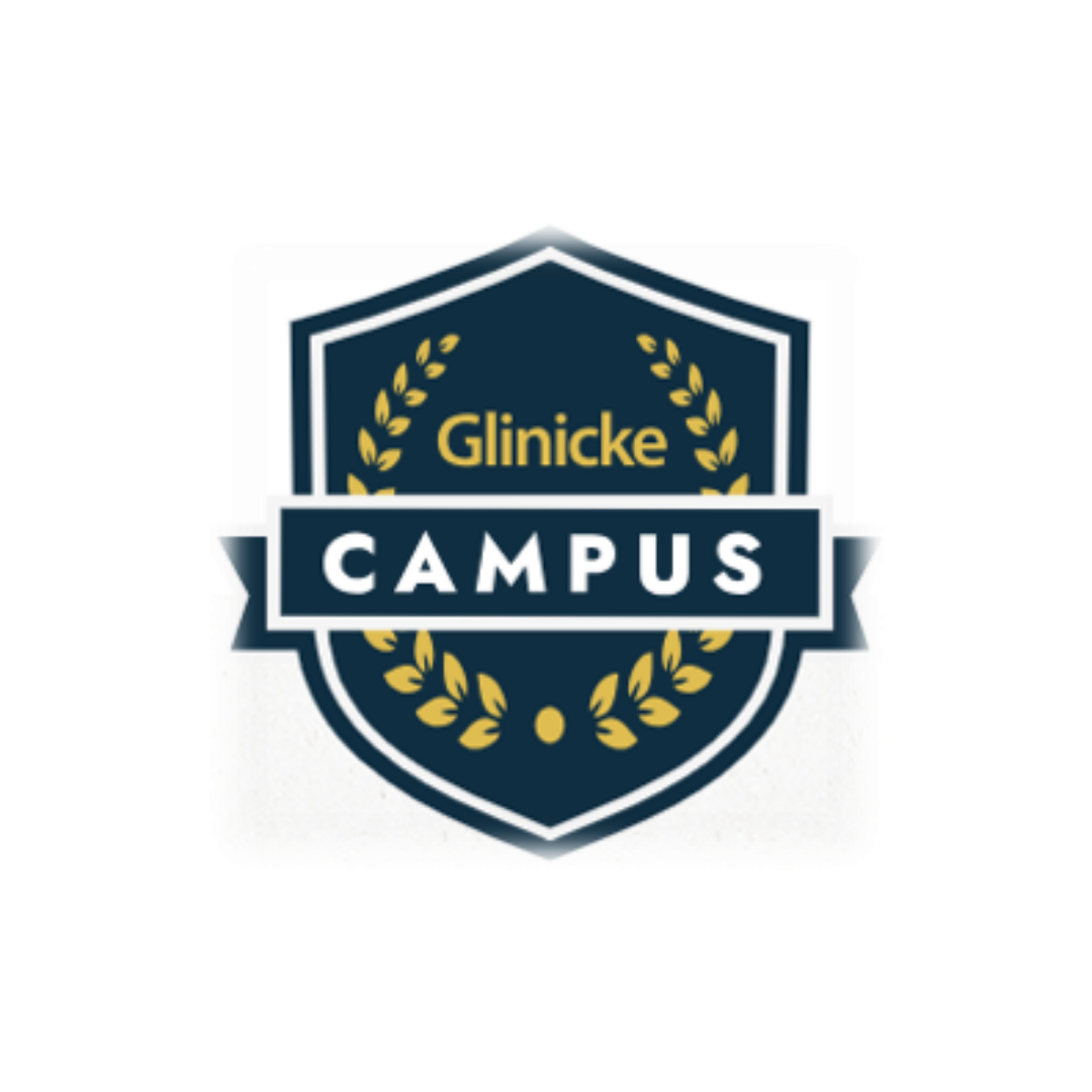 A navy blue badge with gold laurel wreath accents, displaying "Glinicke" above and "Campus" across the center on a ribbon.
