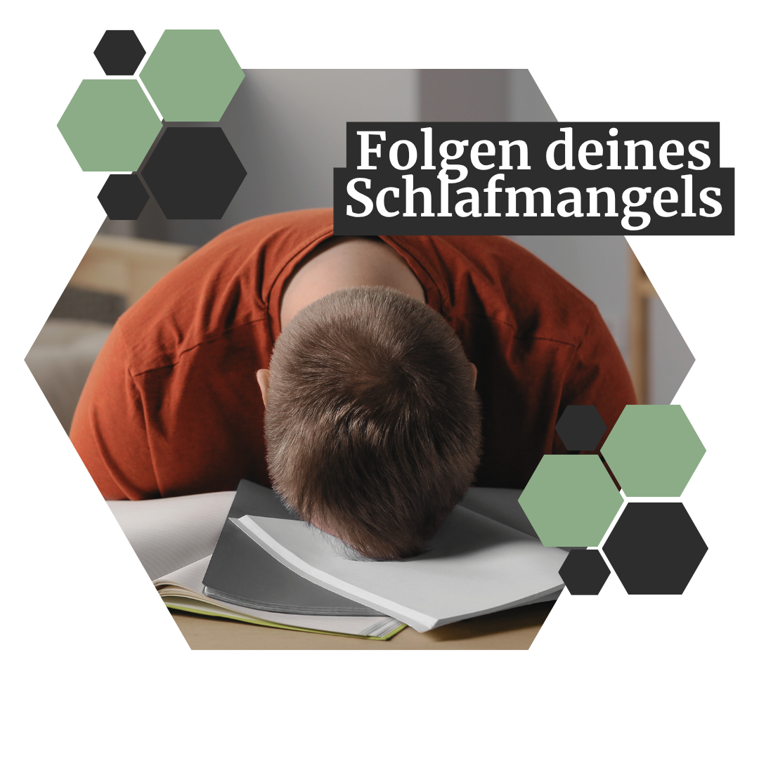 Person in a red shirt with sleeping problems resting his head on open books, overlaid text reads "Folgen deines Schlafmangels" with hexagonal graphics.