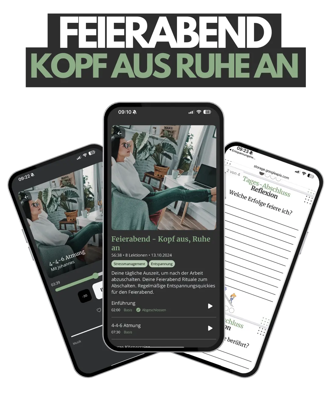 Entspannungshelden App Screenshots zeigen Feierabend-Entspannungskurs und Reflexionsübungen