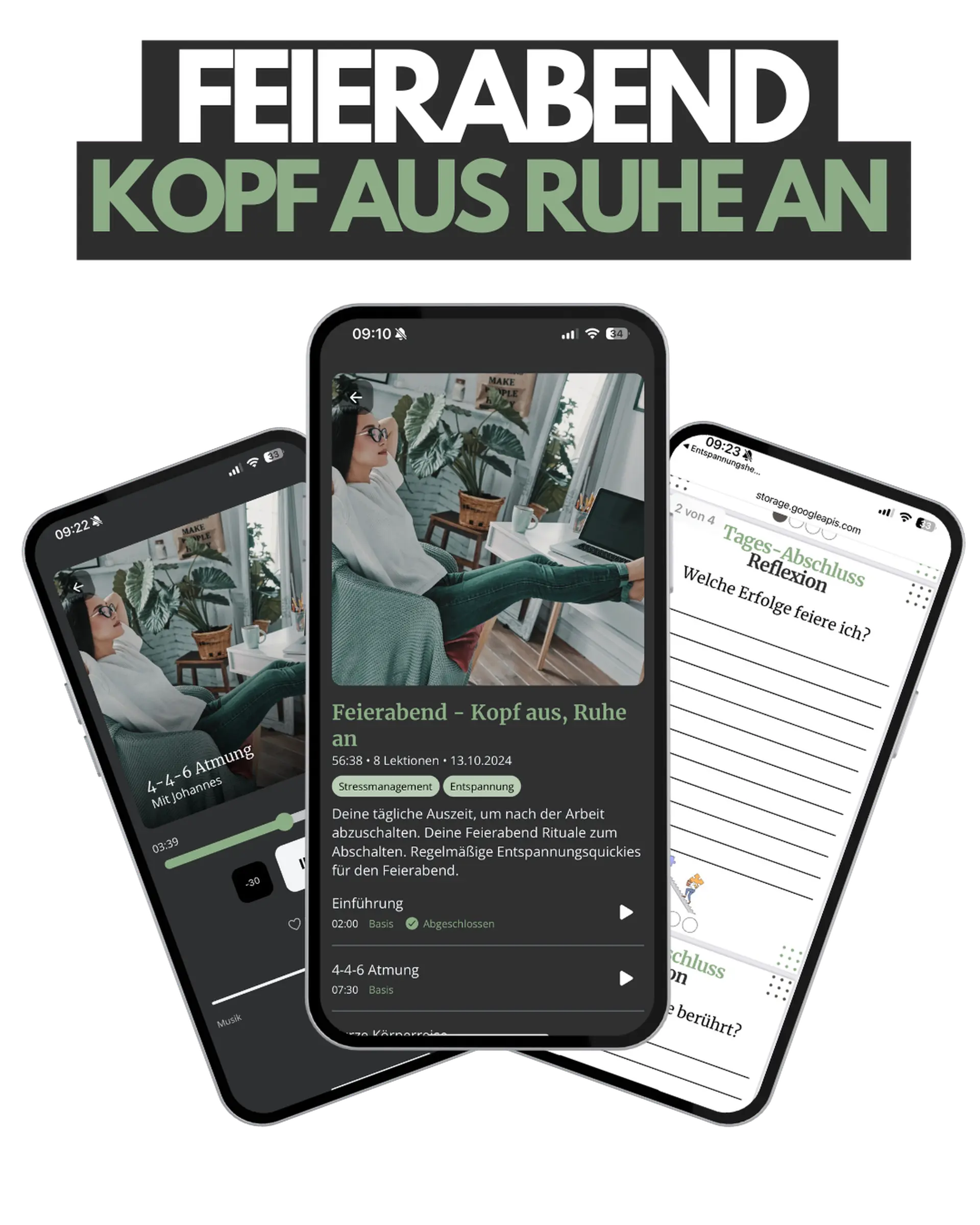 Entspannungshelden App Screenshots zeigen Feierabend-Entspannungskurs und Reflexionsübungen