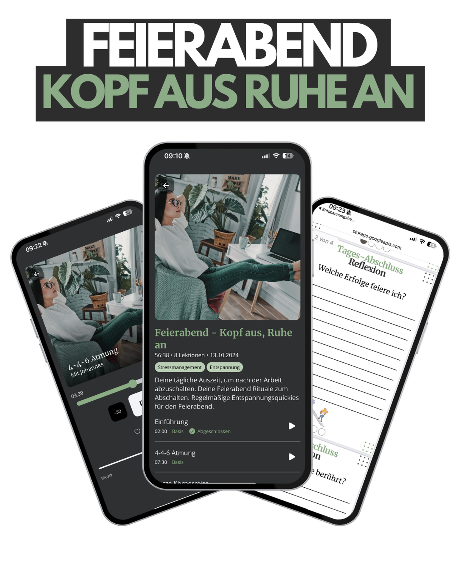 Entspannungshelden App Screenshots zeigen Feierabend-Entspannungskurs und Reflexionsübungen
