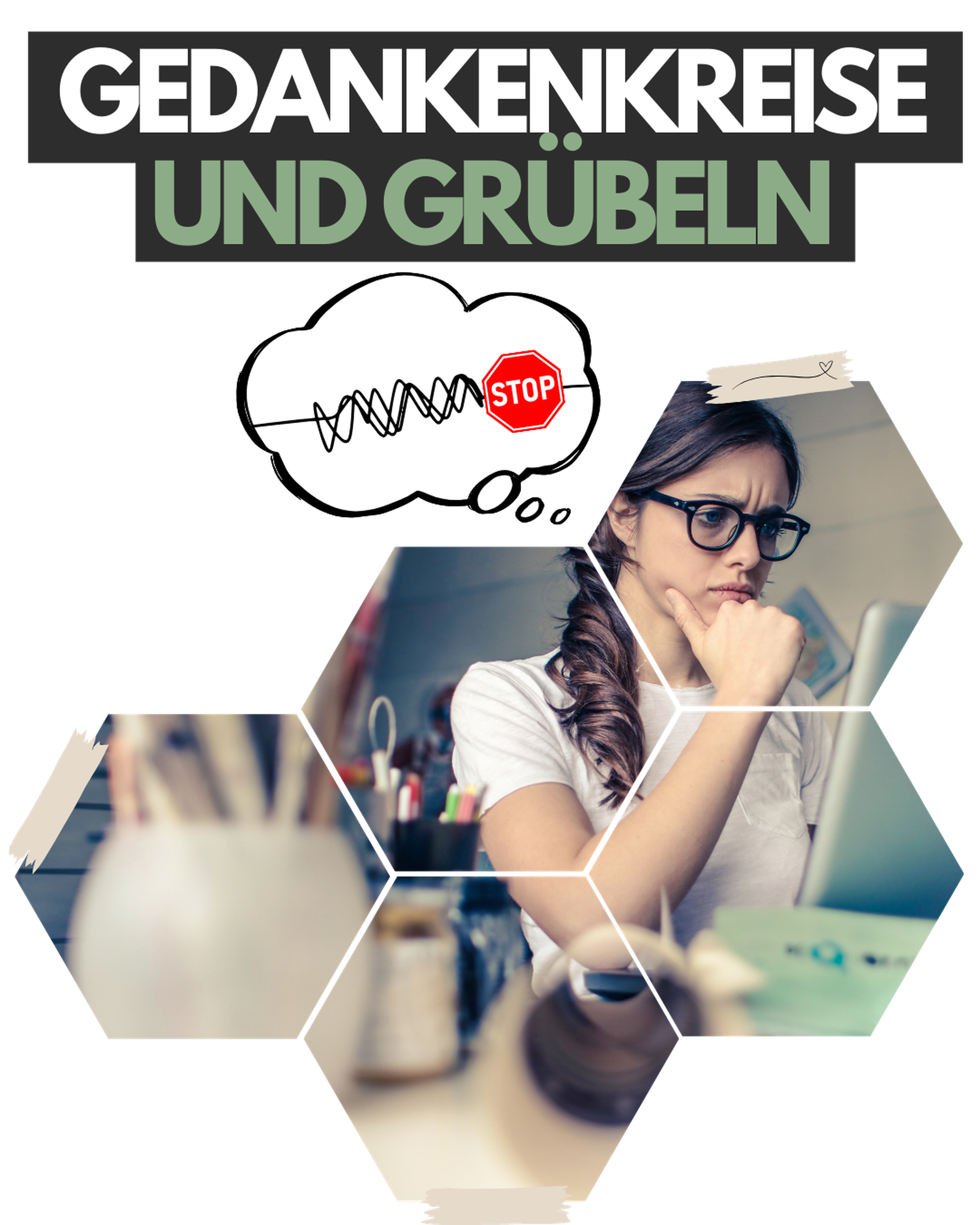 Nachdenkliche Frau mit Gedankenblase und Stop-Schild - Thema Grübeln