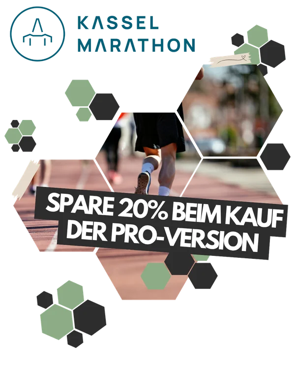Runner on a track with "Kassel Marathon" logo. Text: "Spare 20% beim Kauf der Pro-Version" surrounded by hexagonal shapes.