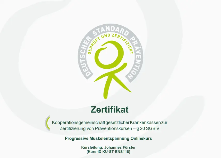 Zertifikat der Deutschen Prävention für Progressive Muskelentspannung Onlinekurs - Johannes Förster