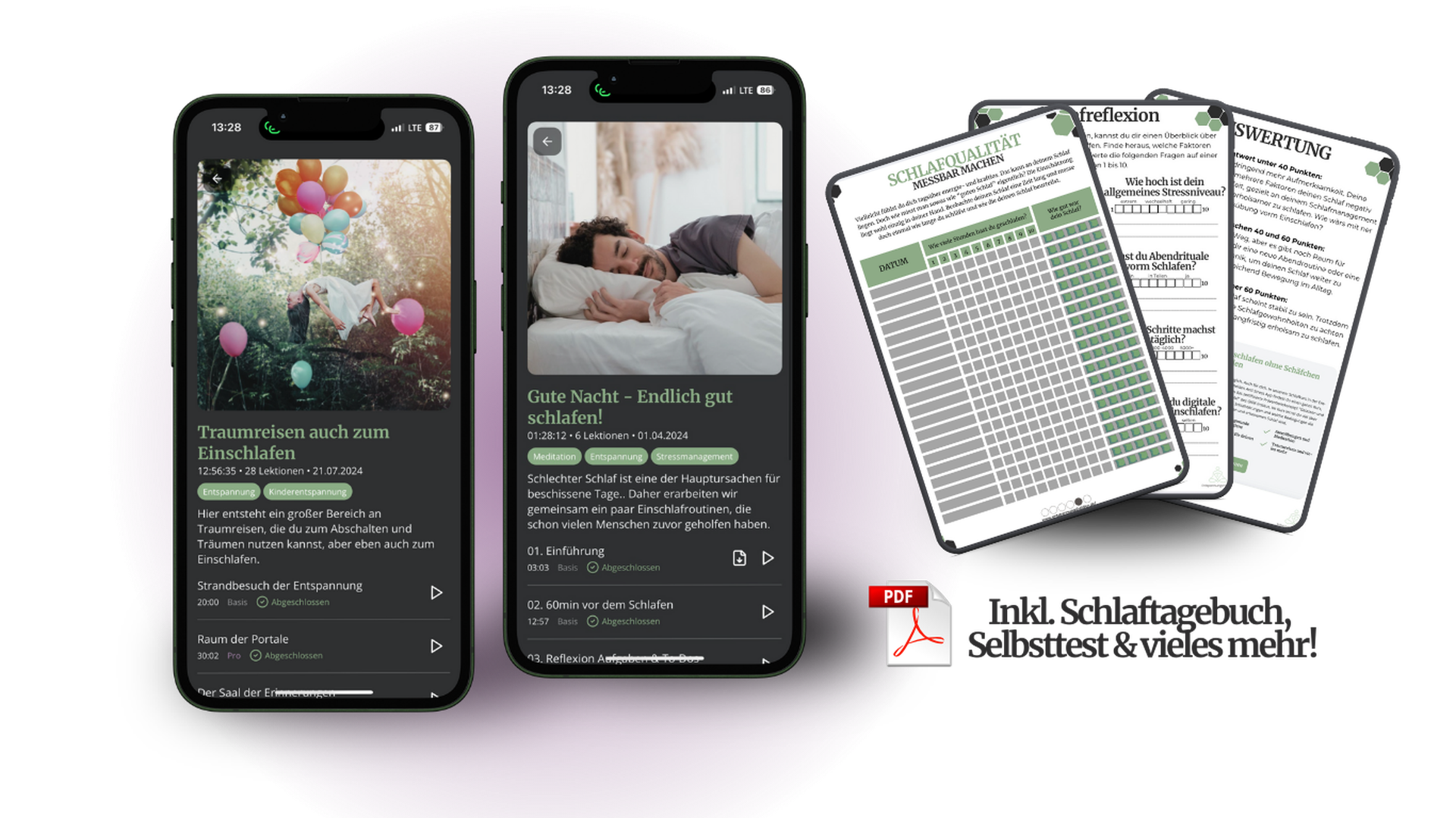 Two smartphones display sleep-related apps, accompanied by printed materials and a PDF icon, promoting sleep improvement resources.